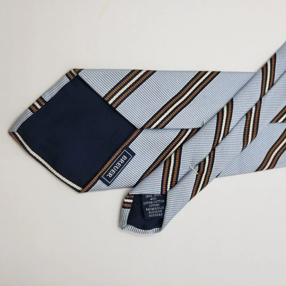 Breuer Silk Blend Tie Made In France Light Blue Brown Striped Cotton Necktie Lux